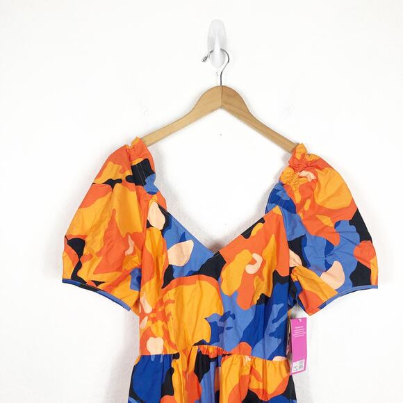 NWT Tabitha Brown Floral Print Puff-Sleeve Tie-Back Midi Dress Size 10 Cut Out - Picture 4 of 13